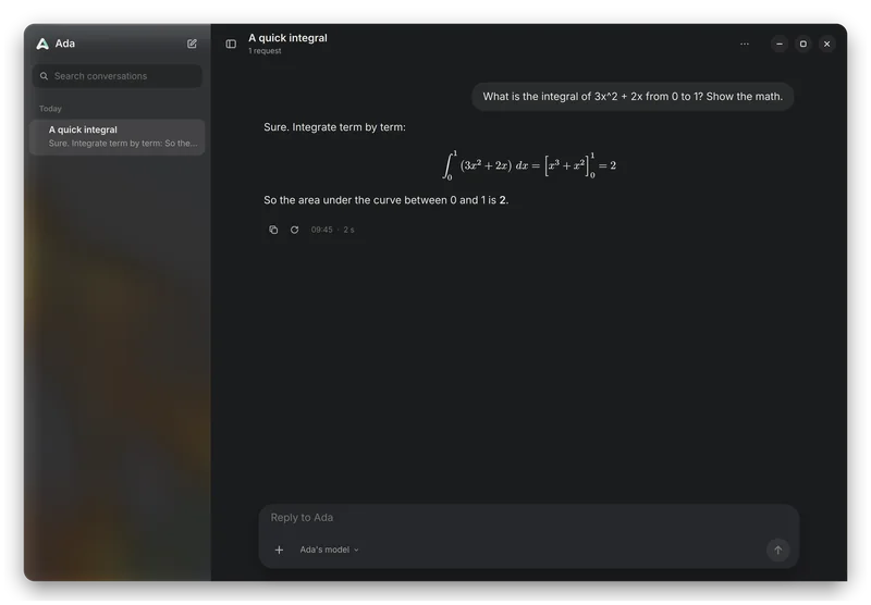 A chat with Ada: an integral worked out step by step, typeset as mathematics.