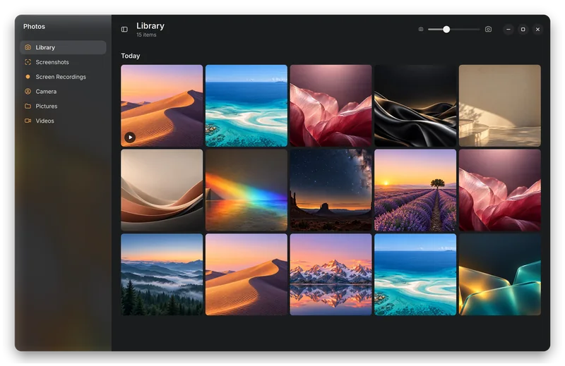 Ada’s Photos app showing a library of landscape pictures.