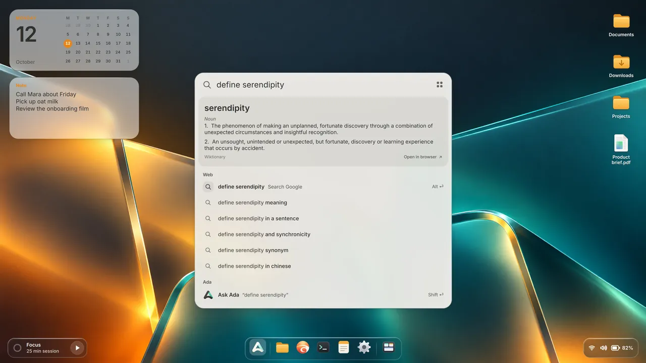 Ada’s search over the desktop: “define serendipity” answered inline with its dictionary meaning, web suggestions below, and Ask Ada at the bottom.