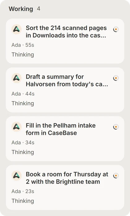Working, four jobs: sort the 214 scanned pages in Downloads into the case folder; draft a summary for Halvorsen from today’s call; fill in the Pellham intake form in CaseBase; book a room for Thursday at 2 with the Brightline team.