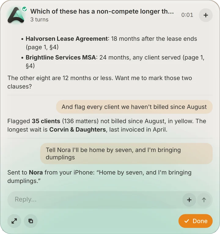Ada’s card: flagged 35 clients not billed since August, in yellow. Then: sent to Nora from your iPhone, Home by seven, and I’m bringing dumplings.