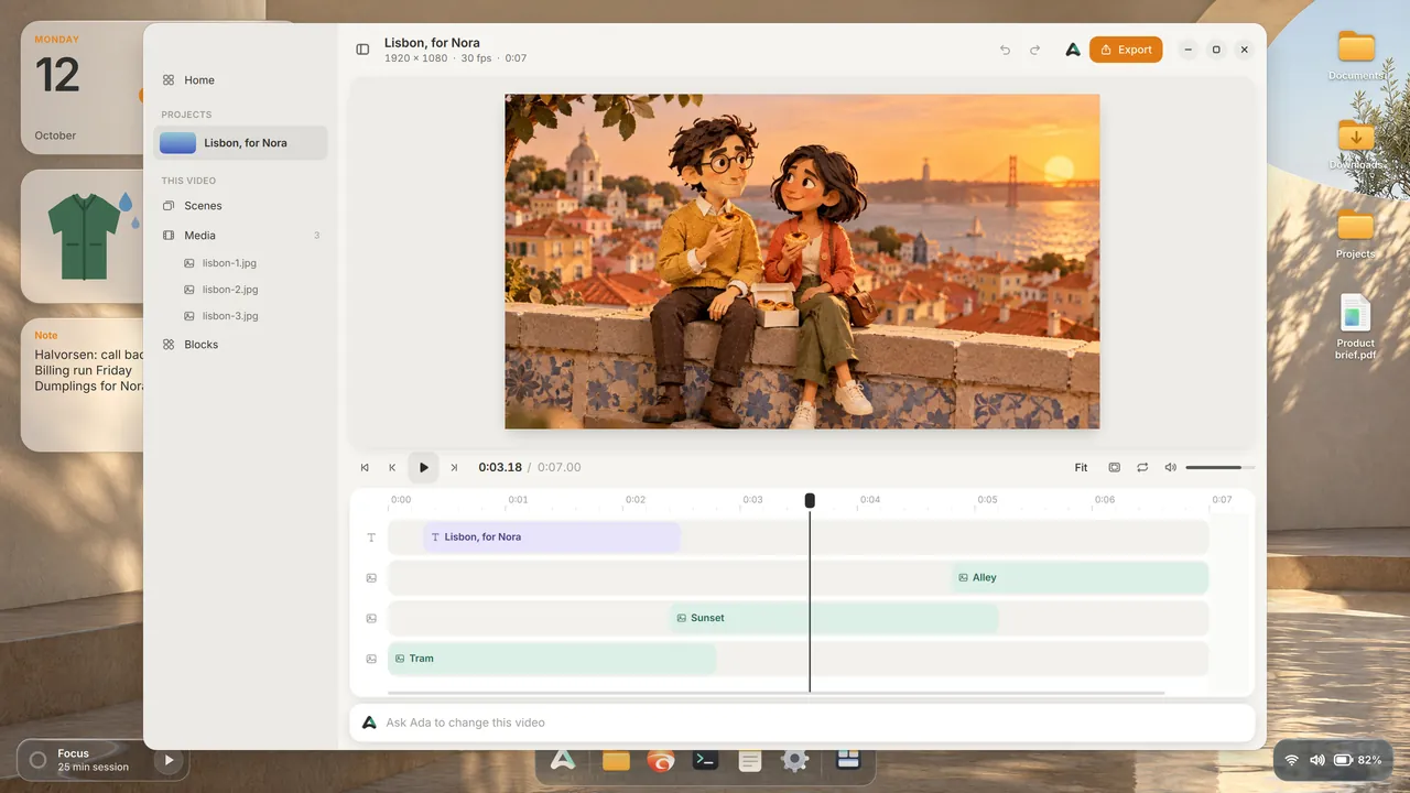 Ada Studio editing a short video called Lisbon, for Nora, with its timeline below.