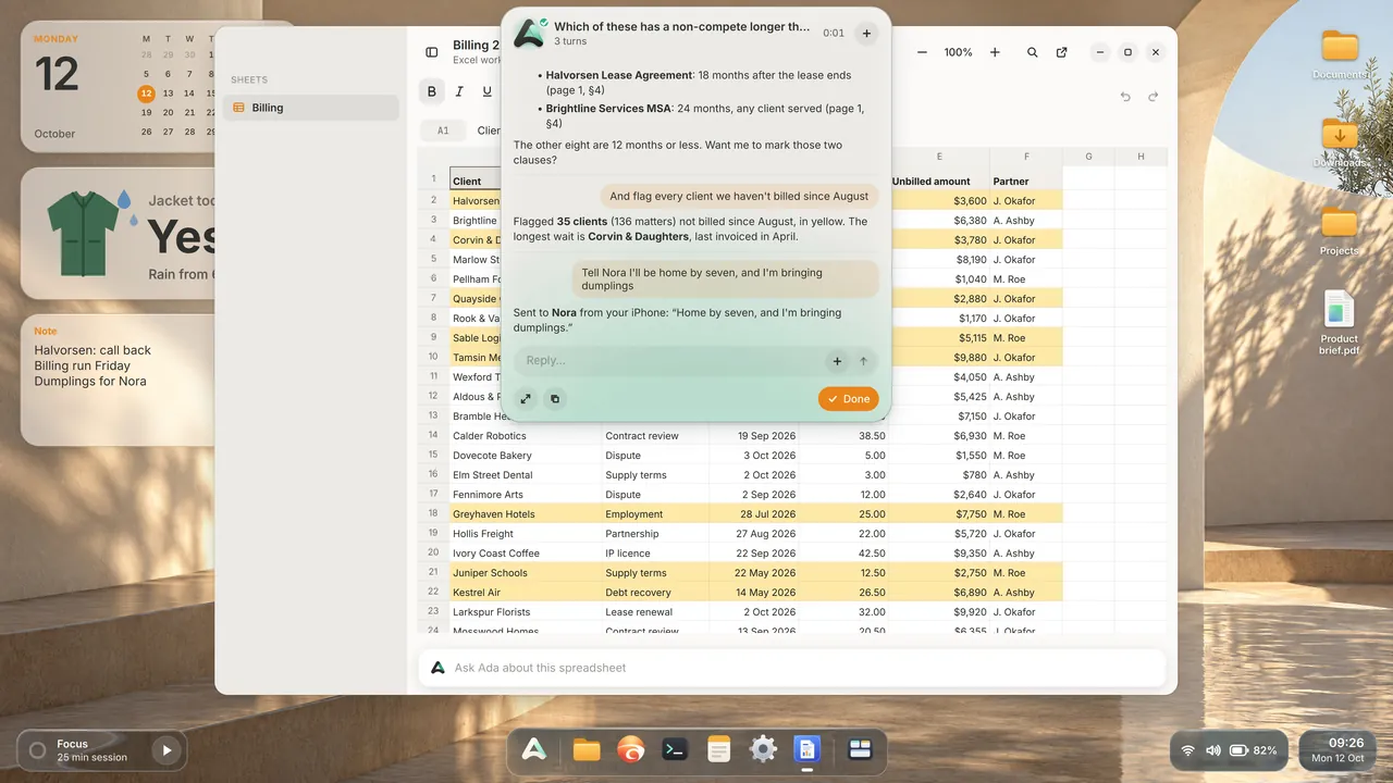 A billing spreadsheet with overdue clients highlighted in yellow, and Ada’s conversation at the top of the screen.