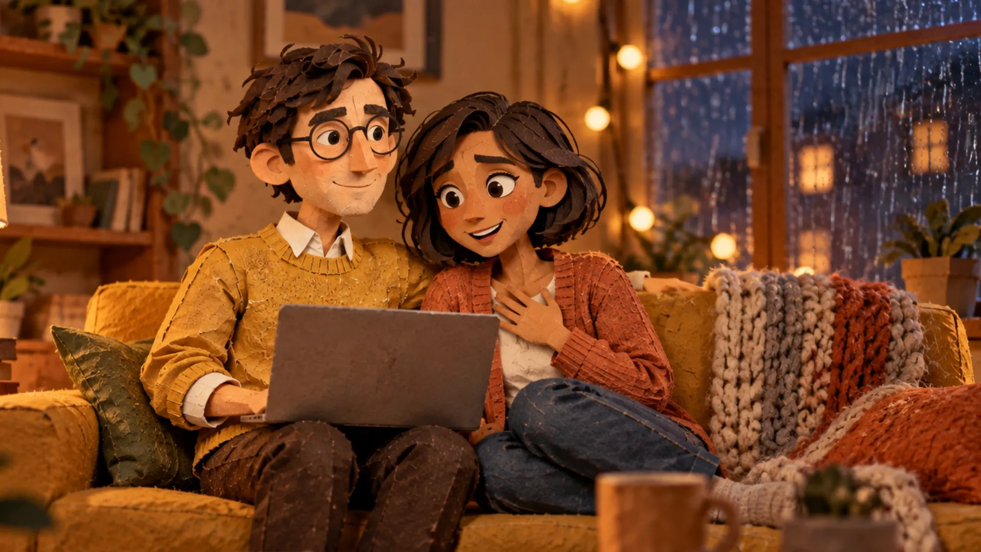 A still from the film: Jake and Nora on the sofa in the evening, made of paper, his laptop on his knees.