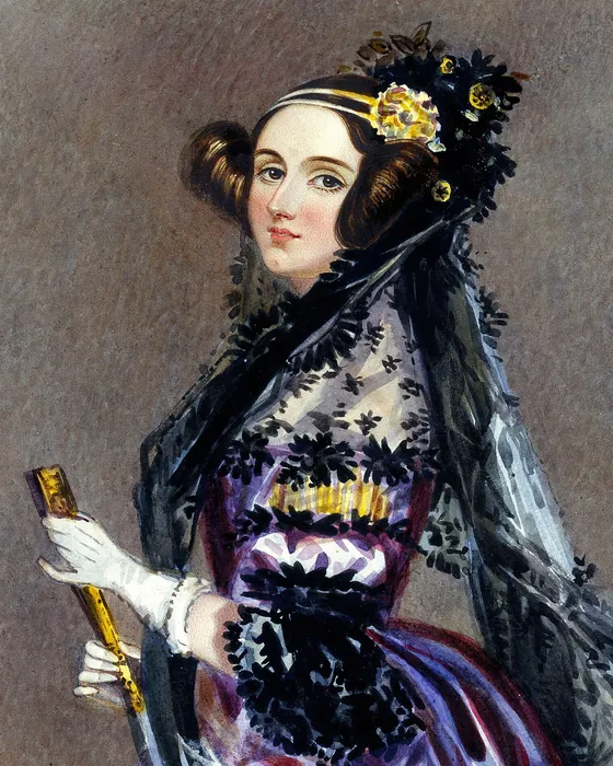 Watercolour portrait of Ada Lovelace, around 1840, in a lilac dress and black lace shawl, holding a fan.