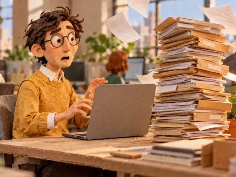 Paper Jake at his desk beside a toppling pile of contracts.