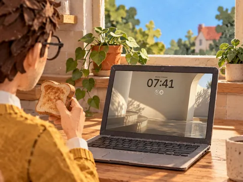 Paper Jake eats toast at the kitchen table, his laptop showing the time.